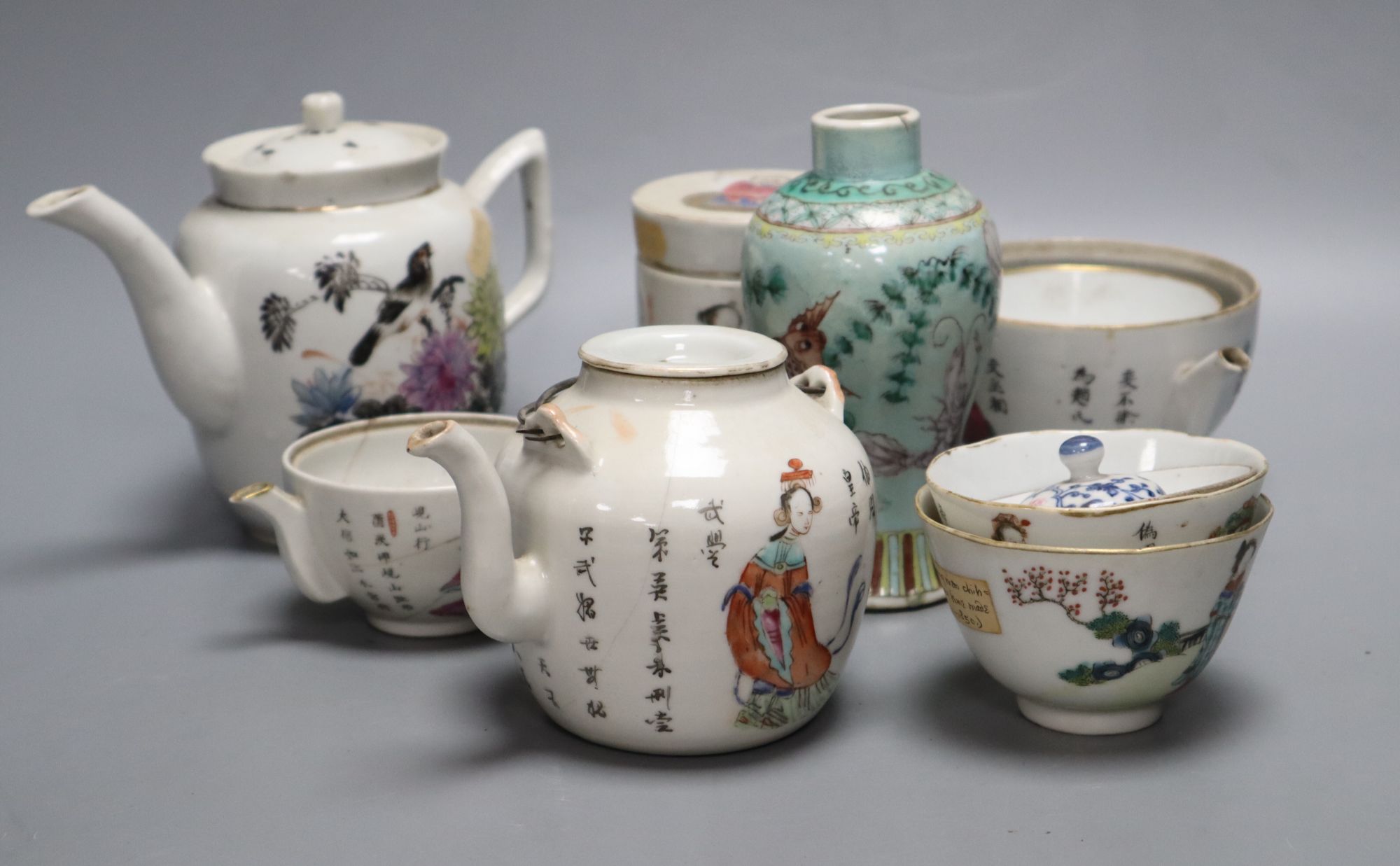 A group of Chinese famille rose tea wares and fish vase, late Qing / Republic, damage